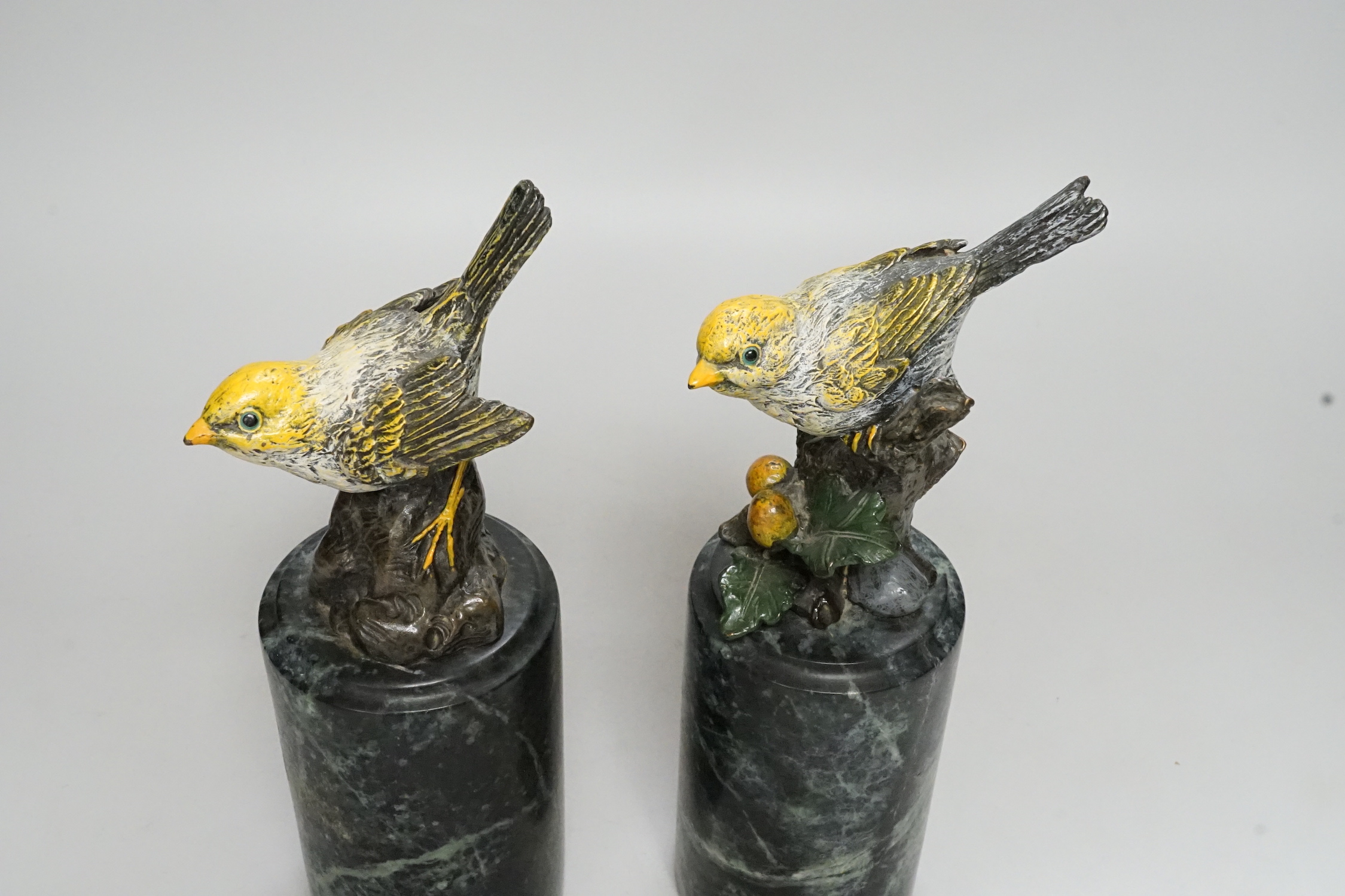 Miguel Ferdinand Lopez (Milo). A pair of cold painted bronze yellow birds on marble plinth, signed, 23cm